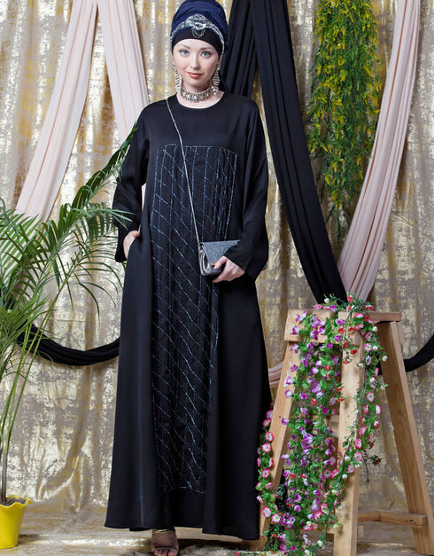 Arabic diamond motif hand embroidered Flare Nida Abaya Black