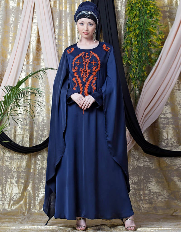 Women Extra Long wings Sleeve embroidered Party abaya Navy Blue