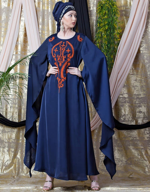 Women Extra Long wings Sleeve embroidered Party abaya Navy Blue