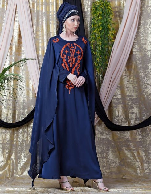 Women Extra Long wings Sleeve embroidered Party abaya Navy Blue