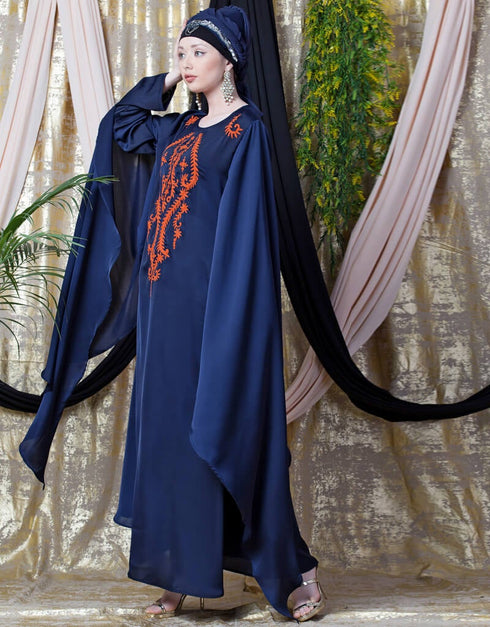 Women Extra Long wings Sleeve embroidered Party abaya Navy Blue