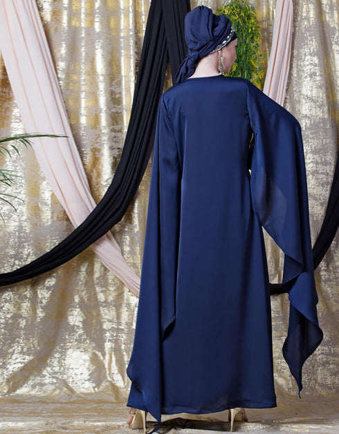 Women Extra Long wings Sleeve embroidered Party abaya Navy Blue