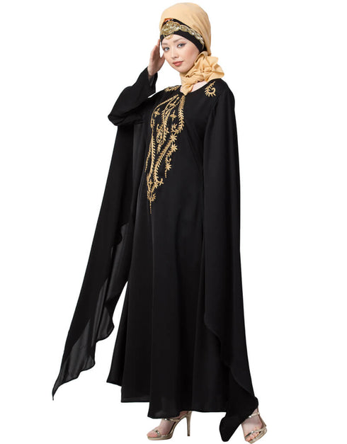 Muslimah Extra Long wings Sleeve embroidered Party abaya Gold