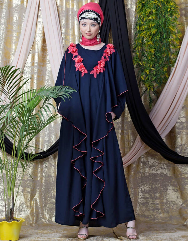 Chic Front Long Frill contrast flowers Party Abaya Navy Blue