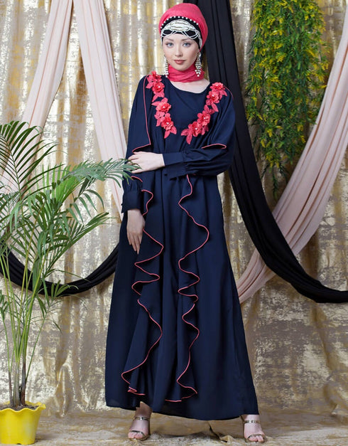 Chic Front Long Frill contrast flowers Party Abaya Navy Blue