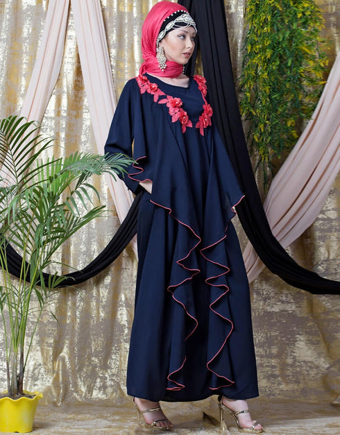 Chic Front Long Frill contrast flowers Party Abaya Navy Blue