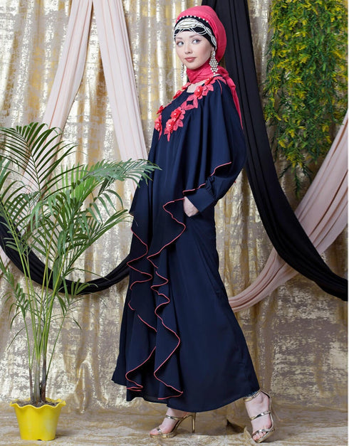 Chic Front Long Frill contrast flowers Party Abaya Navy Blue