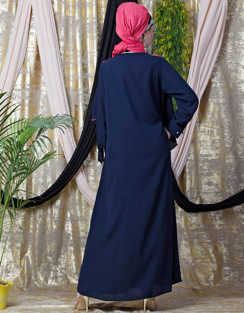 Chic Front Long Frill contrast flowers Party Abaya Navy Blue