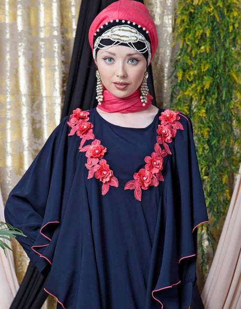 Chic Front Long Frill contrast flowers Party Abaya Navy Blue
