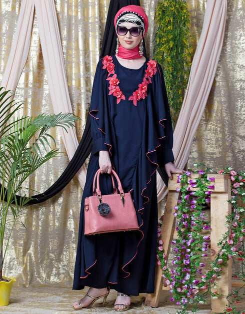 Chic Front Long Frill contrast flowers Party Abaya Navy Blue