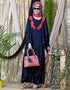 Chic Front Long Frill contrast flowers Party Abaya Navy Blue