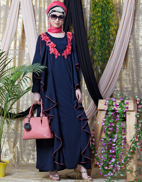 Chic Front Long Frill contrast flowers Party Abaya Navy Blue