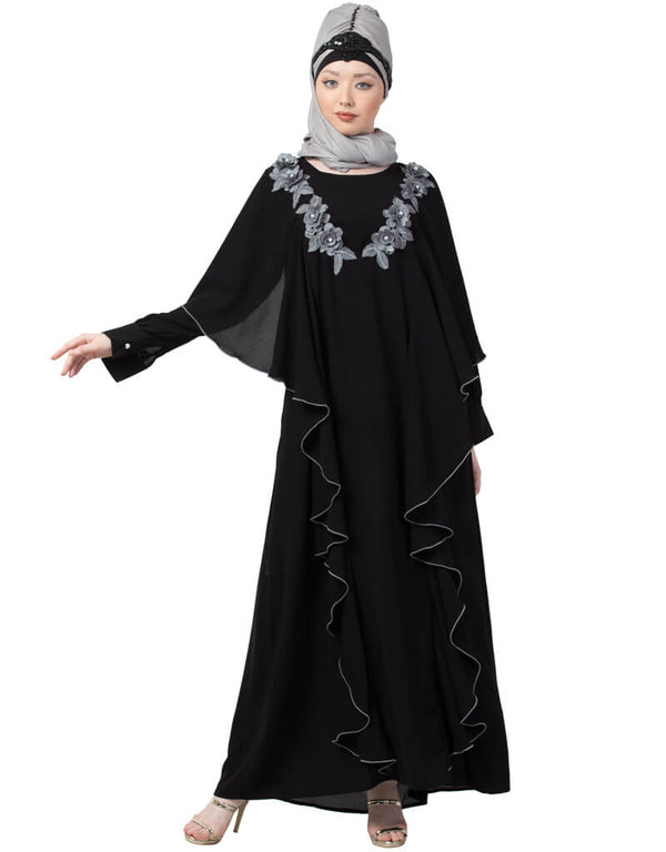 Trendy Front Long Frill contrast flowers Party Abaya Grey