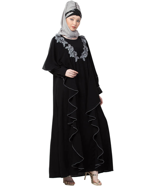 Trendy Front Long Frill contrast flowers Party Abaya Grey