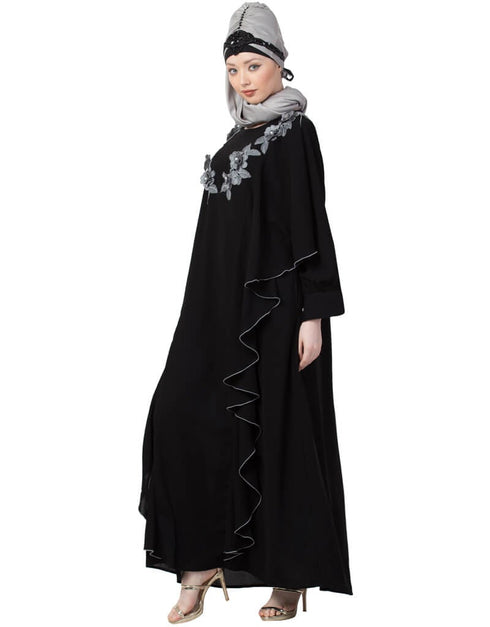 Trendy Front Long Frill contrast flowers Party Abaya Grey