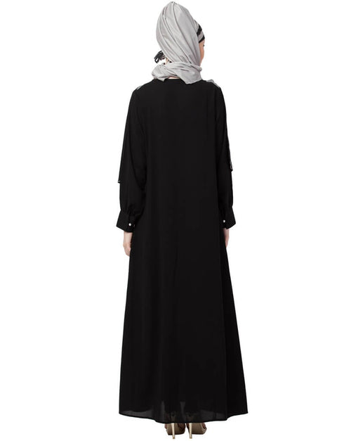 Trendy Front Long Frill contrast flowers Party Abaya Grey