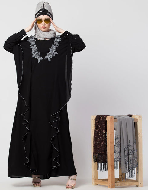 Trendy Front Long Frill contrast flowers Party Abaya Grey