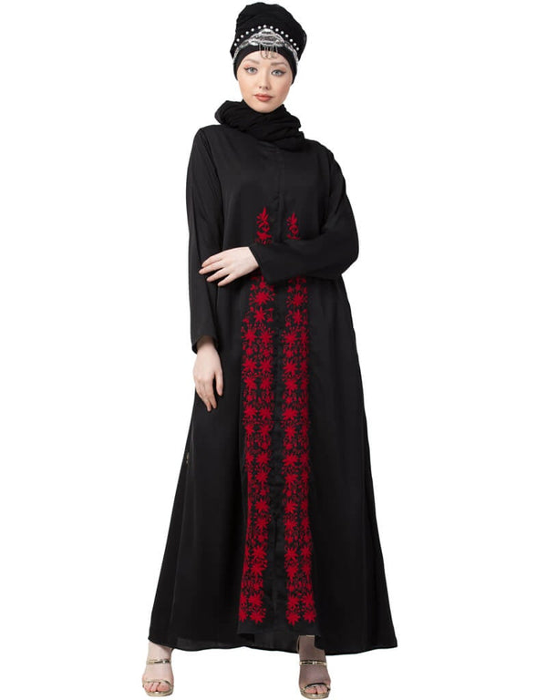 Modern front embroidered Zip at neck Nida Abaya Red