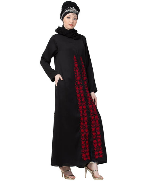 Modern front embroidered Zip at neck Nida Abaya Red