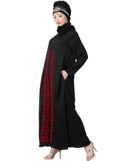 Modern front embroidered Zip at neck Nida Abaya Red