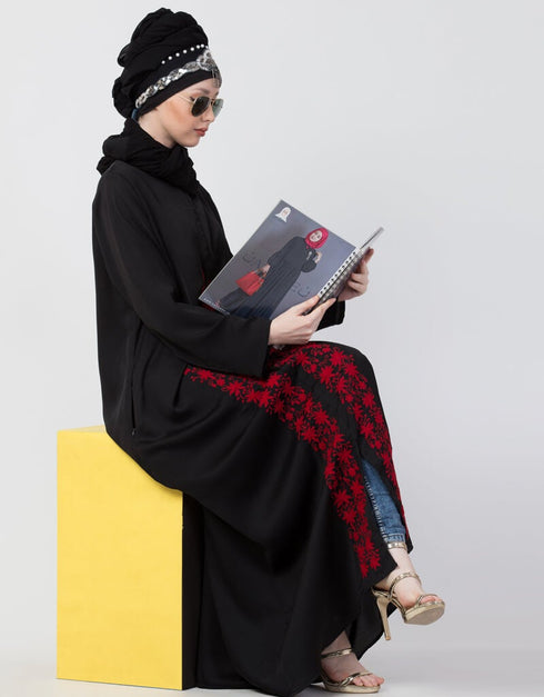 Modern front embroidered Zip at neck Nida Abaya Red
