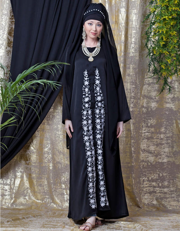 Dubai Front Embroidered Zip At Neck Nida Abaya White