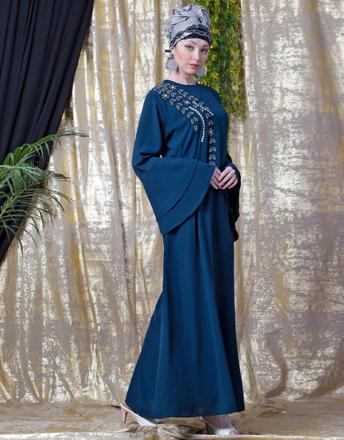 Muslim Hand work Teal Party Abaya Blue