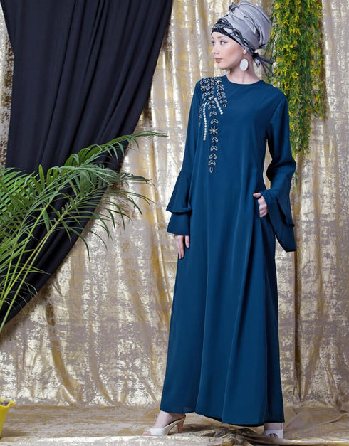 Muslim Hand work Teal Party Abaya Blue
