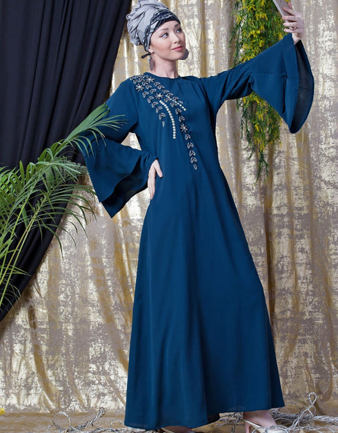 Muslim Hand work Teal Party Abaya Blue