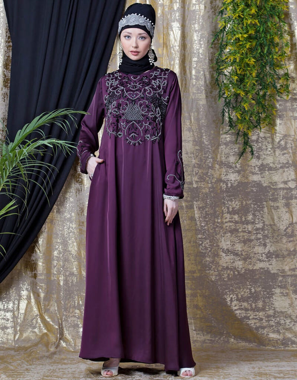 Modest Front And SleeveHand Embroidered Party Abaya Wine