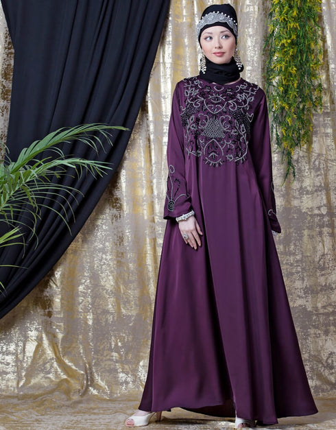 Modest Front And SleeveHand Embroidered Party Abaya Wine