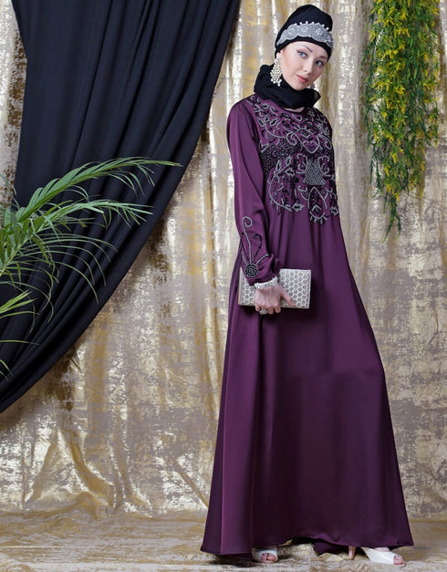 Modest Front And SleeveHand Embroidered Party Abaya Wine