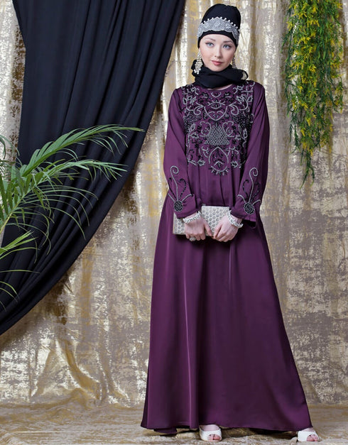 Modest Front And SleeveHand Embroidered Party Abaya Wine