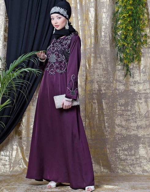 Modest Front And SleeveHand Embroidered Party Abaya Wine