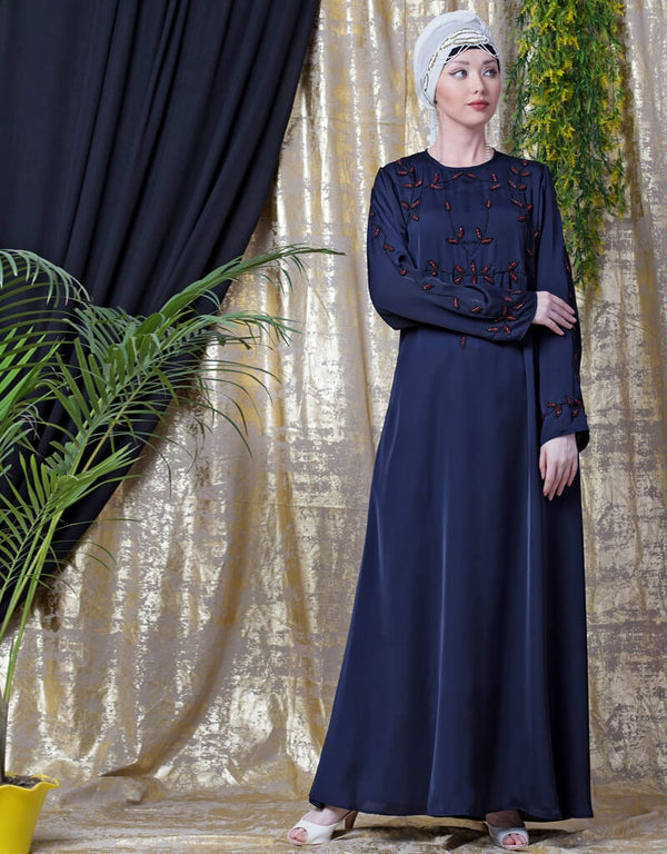 Islamic front and sleeve hand embroidered Party Abaya Navy