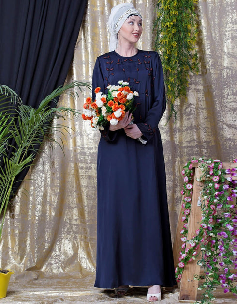 Islamic front and sleeve hand embroidered Party Abaya Navy