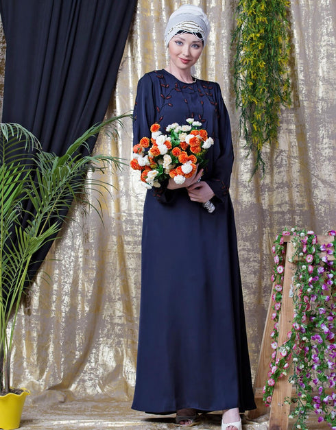 Islamic front and sleeve hand embroidered Party Abaya Navy