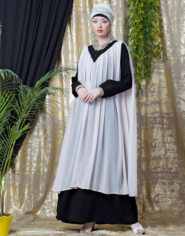 Arabic Embroidered Neck Band Double Layer Party Abaya Pink