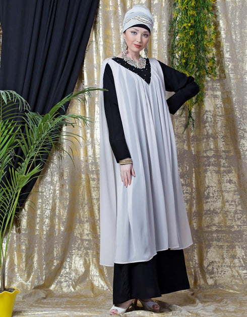 Arabic Embroidered Neck Band Double Layer Party Abaya Pink