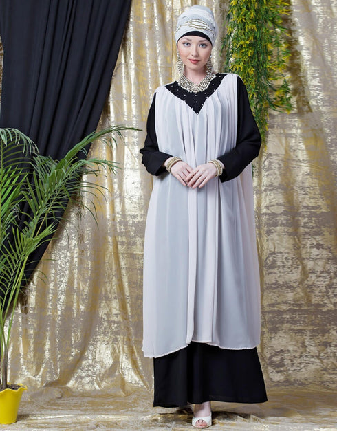 Arabic Embroidered Neck Band Double Layer Party Abaya Pink