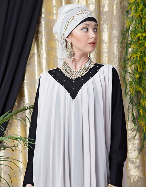 Arabic Embroidered Neck Band Double Layer Party Abaya Pink