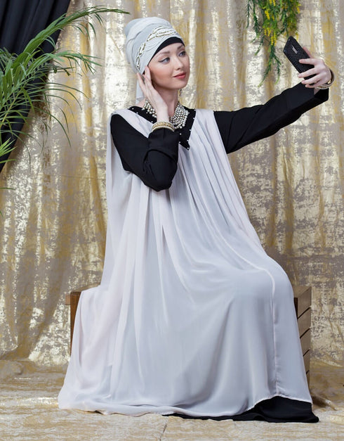 Arabic Embroidered Neck Band Double Layer Party Abaya Pink