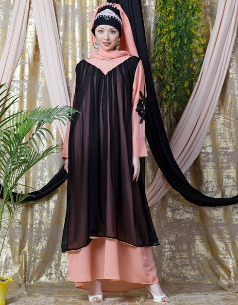 Women Embroidered Neck Band Double Layer Party Abaya Peach