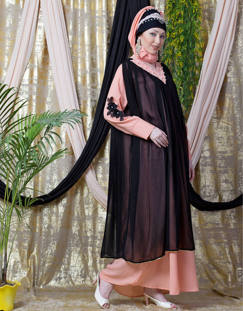 Women Embroidered Neck Band Double Layer Party Abaya Peach