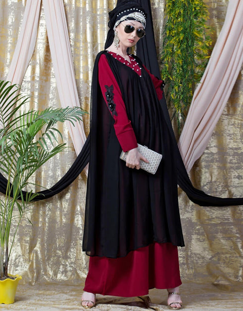 Muslimah Embroidered Neck Band Double Layer Party Abaya Red