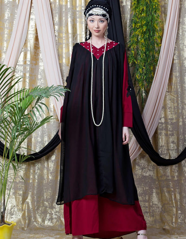 Muslimah Embroidered Neck Band Double Layer Party Abaya Red
