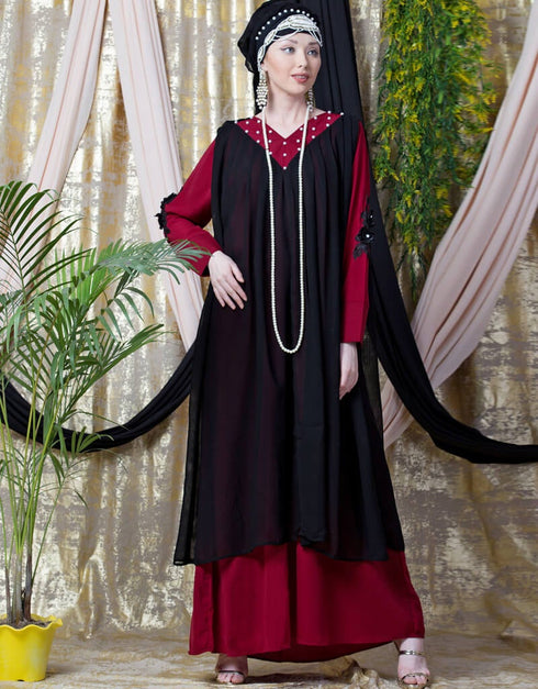 Muslimah Embroidered Neck Band Double Layer Party Abaya Red