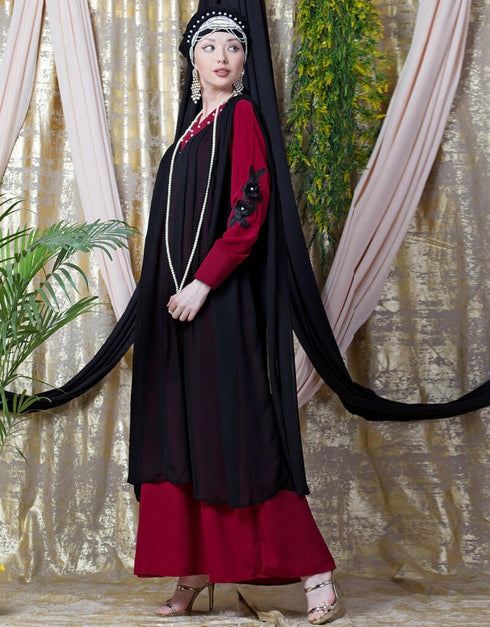 Muslimah Embroidered Neck Band Double Layer Party Abaya Red