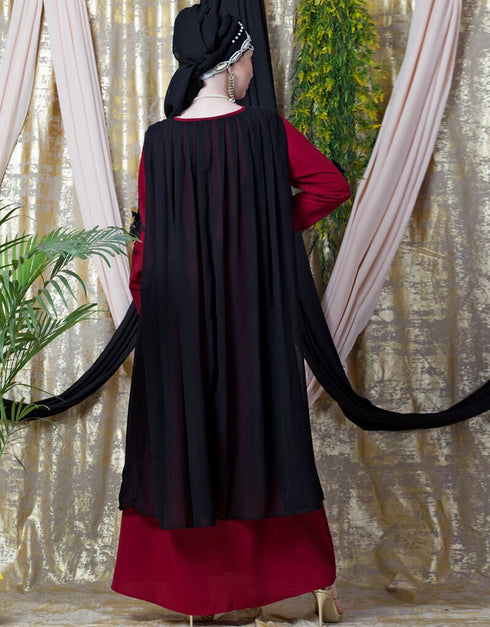 Muslimah Embroidered Neck Band Double Layer Party Abaya Red