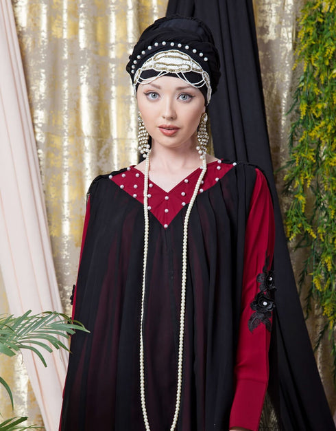 Muslimah Embroidered Neck Band Double Layer Party Abaya Red
